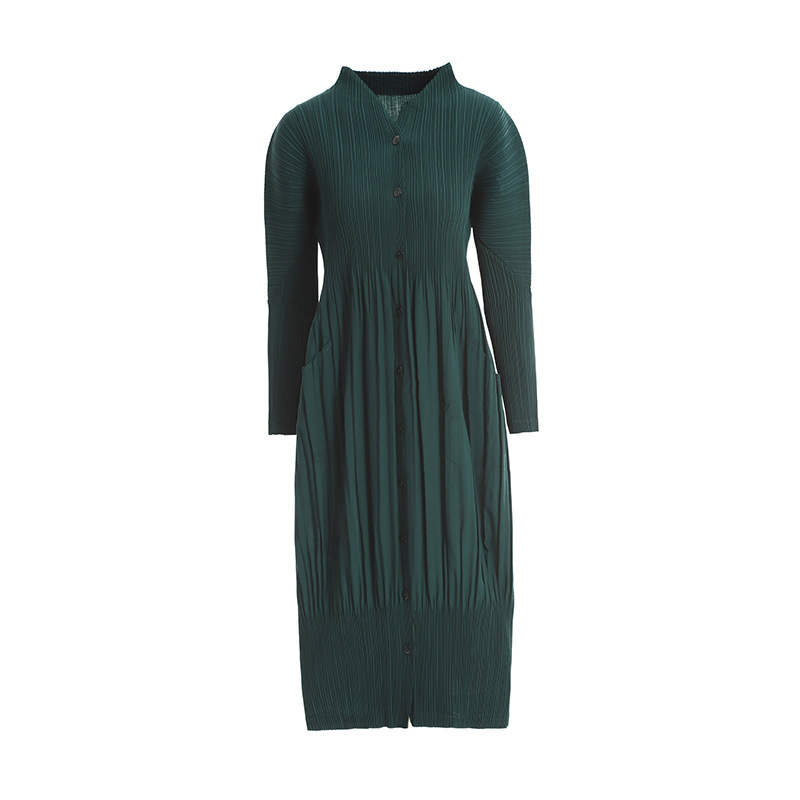 Spring Women Pleated Solid Color Buttons Loose Big Size Popular Dresses