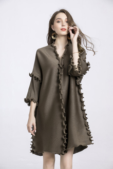 Autumn Big Size Dress V-neck Ear Dress Pleated Oversized Women's Dress