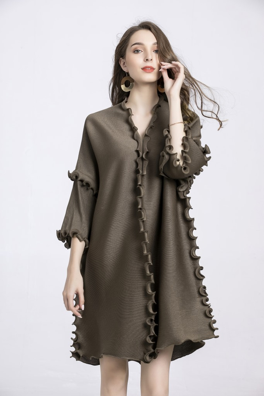 Autumn Big Size Dress V-neck Ear Dress Pleated Oversized Women's Dress