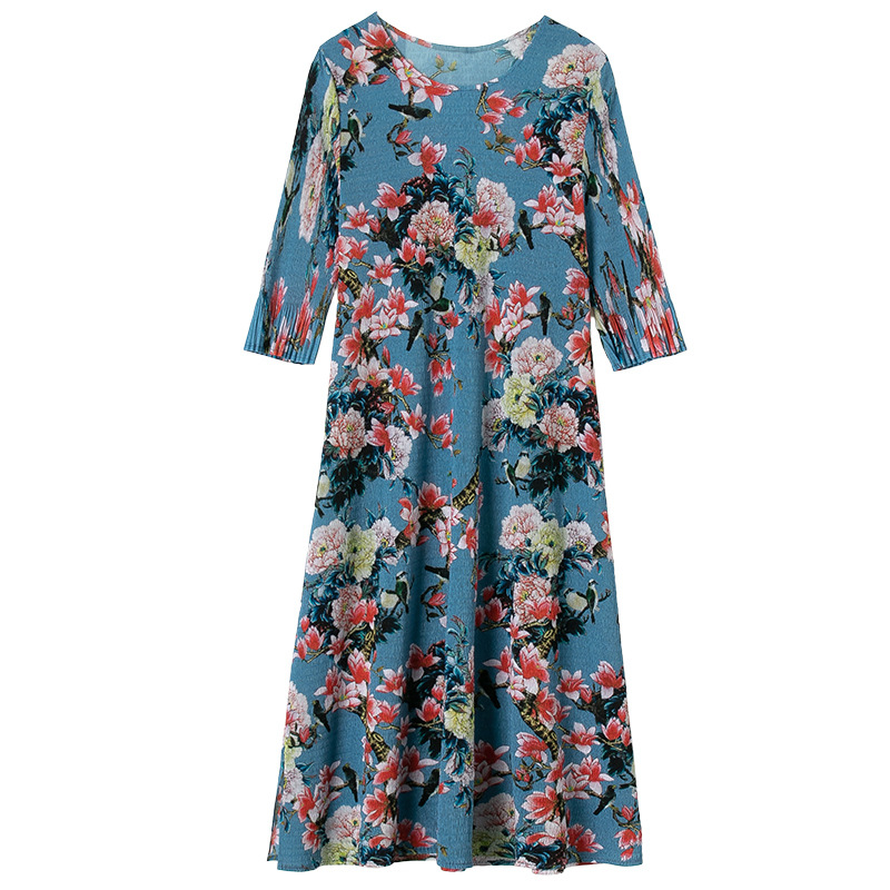Spring New Women Pleated Fashion New Print Long Loose Big Size Dresses