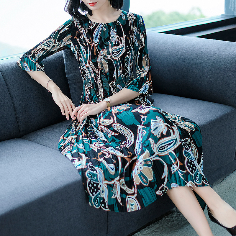 Spring Women Pleated Fashion New Print Tidal Lady Elegant Dress