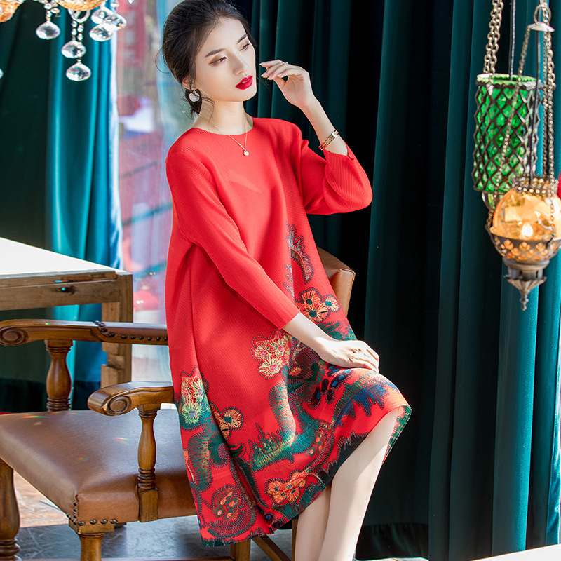Women Fashionable Foreign Air Printing Loose Large Pleated Dress New Dress In Spring 2020