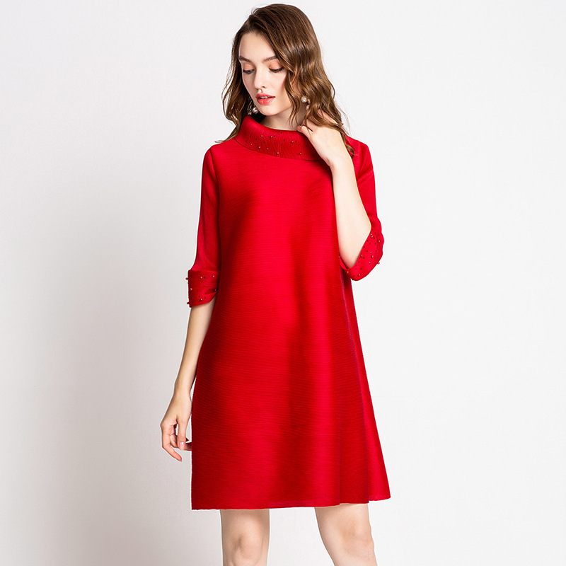 Autumn Women Pleat Solid Color Loose Fashion New Beauty Dresses