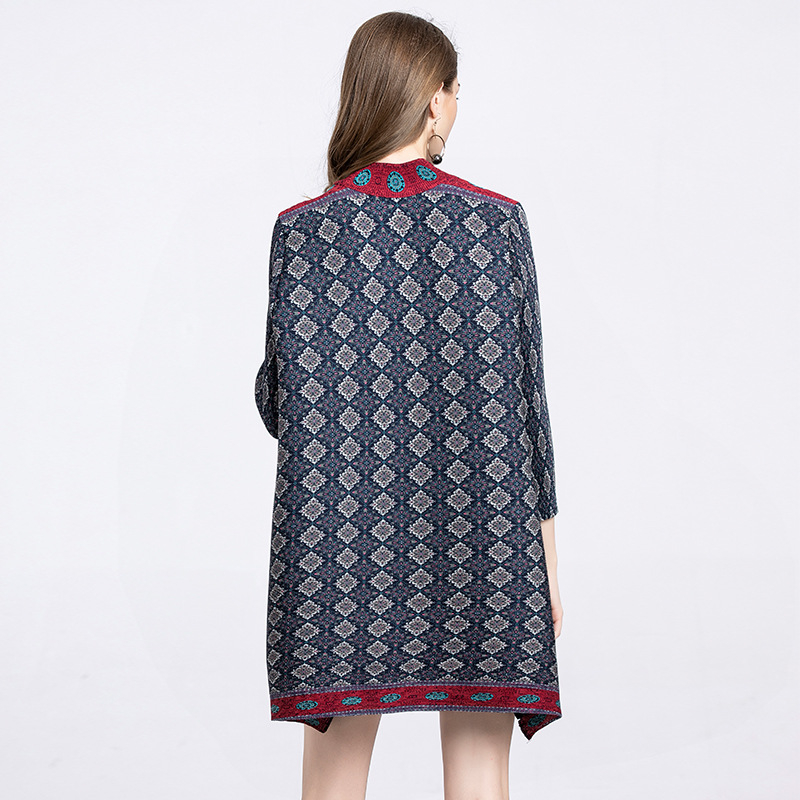 Autumn Fashionable High Collar Plaid Floral Dress Pleated Women Loose Dress