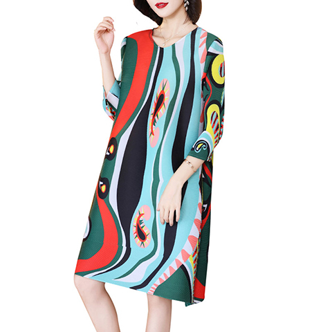 Mother's Age Reduction Print Dress Spring 2021 New Women's Loose Plus Size Pleated Dress