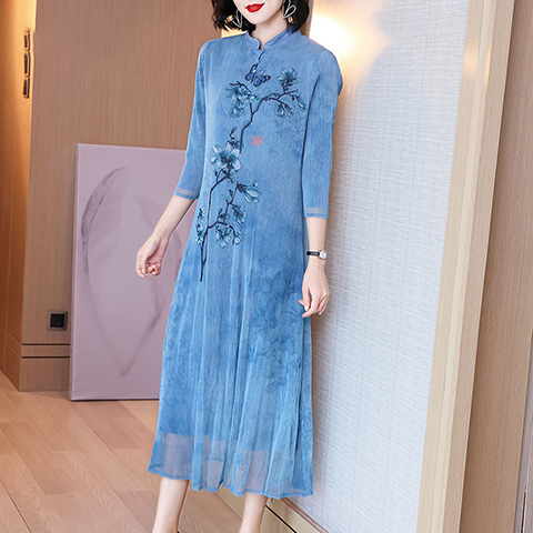 Chinese Style Retro Modified Cheongsam Dress Mother's Spring Dress New Women's Middle Length Slim Temperament Dress