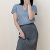 Women Pleated Fashion New Short Sleeved V-neck Loose Big Size Tops Shirts
