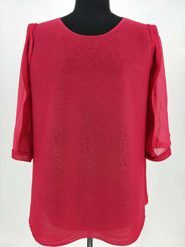 Autumn New Lace Transparent Middle Sleeve Formal Long O-neck Lantern Sleeve Pleat T Shirt