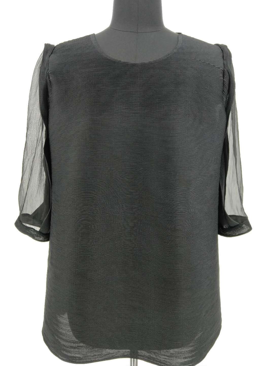 Autumn New Lace Transparent Middle Sleeve Formal Long O-neck Lantern Sleeve Pleat T Shirt