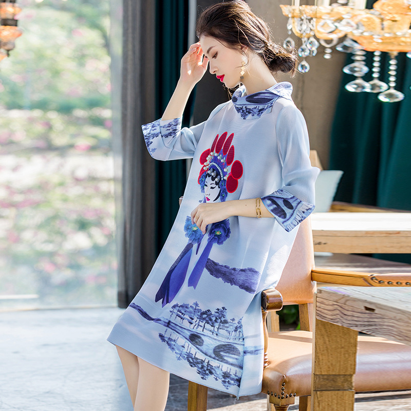 Spring 2020 Large Size Face Print Style Dress New Women's Loose Air Pleated A-line Dress