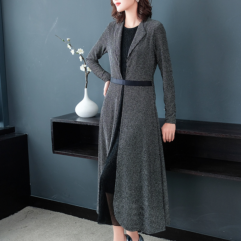 Autumn 2019 Lady Slim Big Size Pleated Dress Fake Two Mesh Spliced Pleated Dress