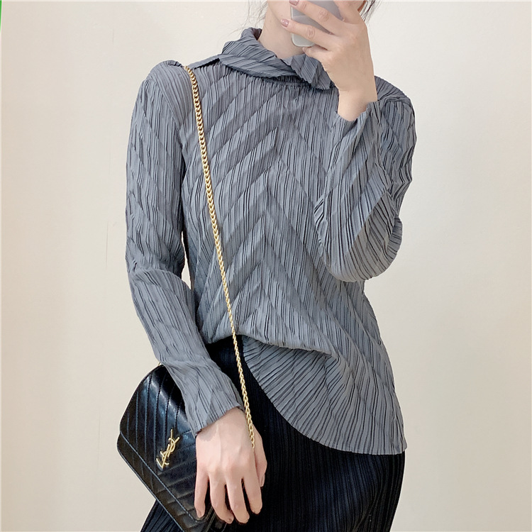 Autumn Women Pleated Long Sleeves Tops Shirts Loose Big Size Tidal Wear