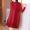 Autumn And Winter Red French Embroidered Dress For Women's High End Plus Size A-line Long Sleeve Pleated Dress