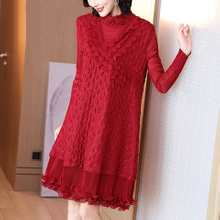 Autumn And Winter Red French Embroidered Dress For Women's High End Plus Size A-line Long Sleeve Pleated Dress
