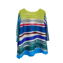Pleated Printed T-shirt 2021 Summer New Striped Round Neck 3 / 4 Sleeve Top Western Style Loose Base T-shirt