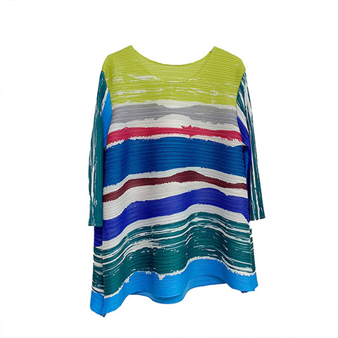 Pleated Printed T-shirt 2021 Summer New Striped Round Neck 3 / 4 Sleeve Top Western Style Loose Base T-shirt