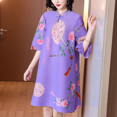 Lady's Modified Cheongsam Dress Spring 2021 New High-end Women's Foreign Style Mother's Age Reducing Plus Size Pleated Dress