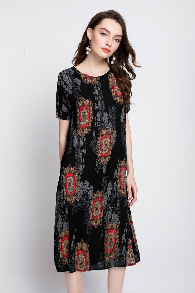 Autumn Women Pleated Fashion New Tidal Dress Loose Print Dress