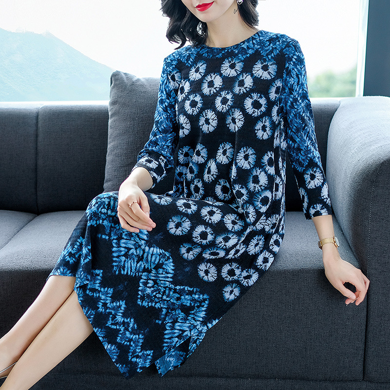 New Spring Pleated Dress Ladies'temperament Ink Printed Loose Large Size Dresses