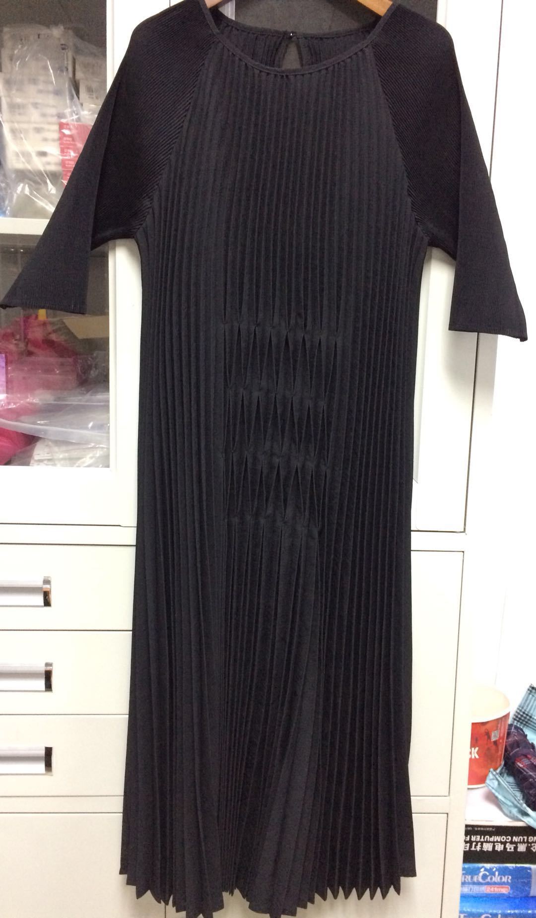 Women Pleated Sleeve Static Dresses Vertical Striped Loose Leisure Mom Dresses