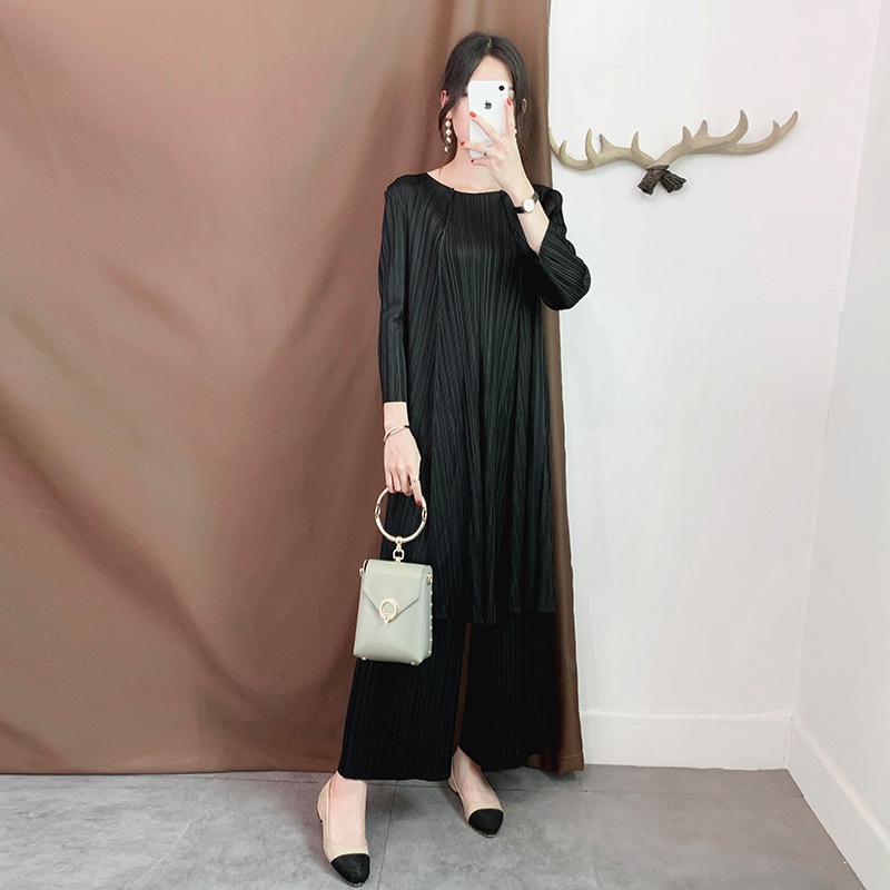 Lady Pleated Pullover Tops Trousers Fold Suit Female Autumn Fashion Two-piece Large-size Clothing Sets