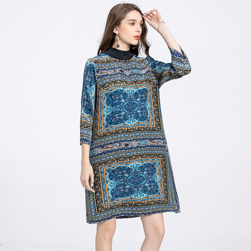 Autumn Women Pleated New Dress Retro Floral Loose Big Size Dress