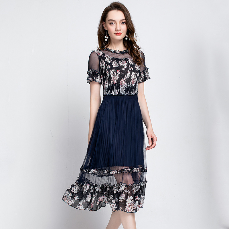 Spring Summer New Simple Elegant Pleated Print Dresses