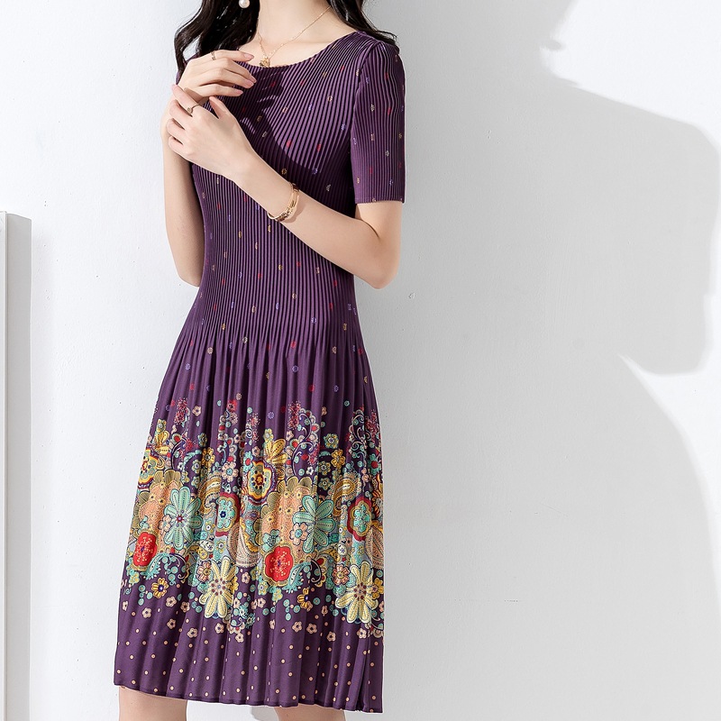 Women Pleated Spring Summer Temperament Comfortable A-line Dress Printing Fashion Dress
