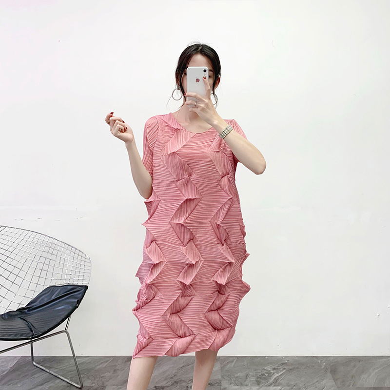 Women Fashion New Diamond Pleated Dress 2020 Pink Short Sleeve Pleated Dress