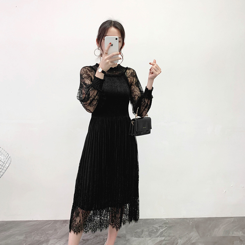 Spring 2020 Women Pleated Dress Large Print Lace Dress