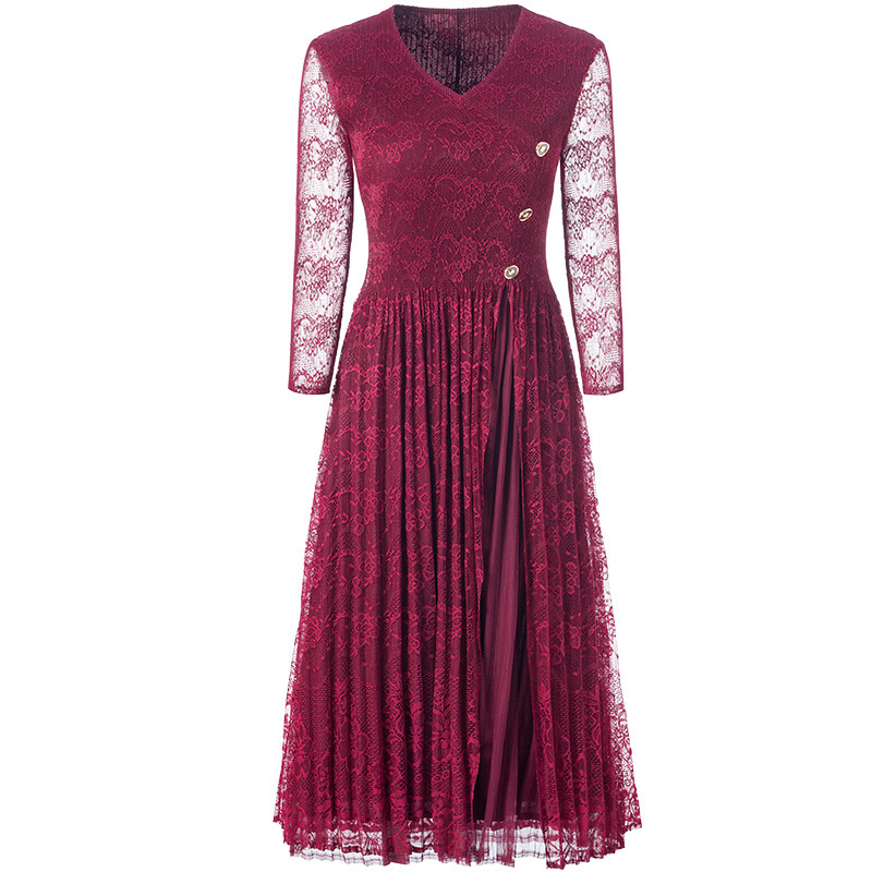 Lace Large Pleated Dress 2020 Spring New Slim Pleated Dress