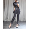 Women Wrinkle Suit Folded Pants Short Sleeves Round Neck Irregular Tops Pleated Two Pieces Clothing Sets
