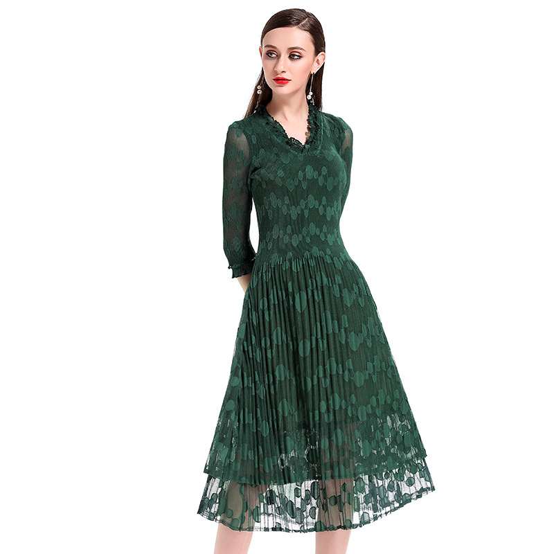 European American Women Pleat V Neck Lace Lady Elegant Original Fashion New Dress