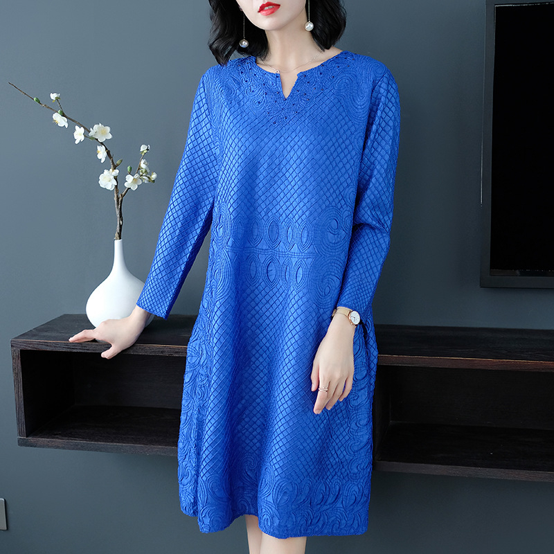 Women Autumn Fashion New Solid Color Loose Free Size Lady Elegant Crinkled Embroidered Popular One Piece Dress