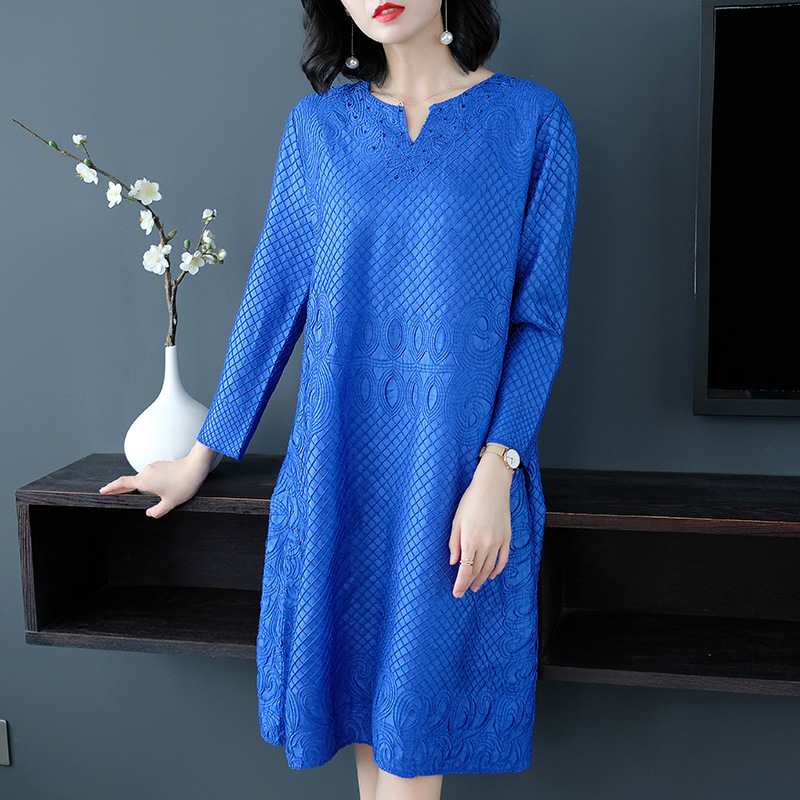 Women Autumn Fashion New Solid Color Loose Free Size Lady Elegant Crinkled Embroidered Popular One Piece Dress