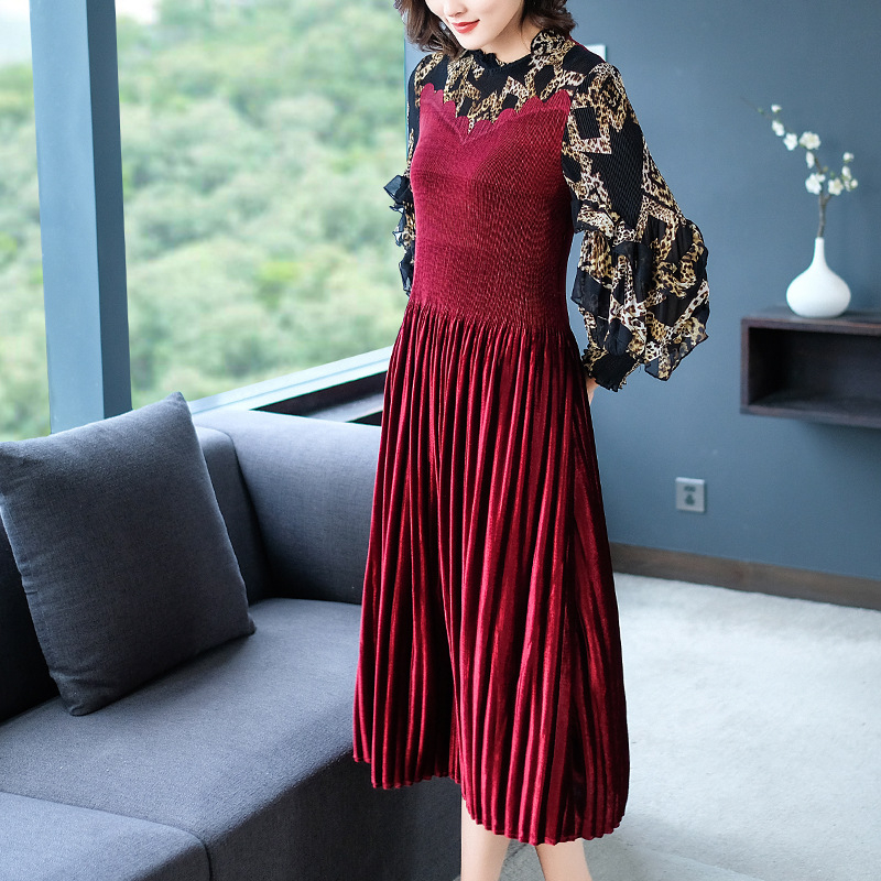 French Large Pleated Velvet Dress Autumn 2019 Fashion Printed Women's Slim Pleated Dress