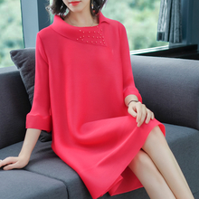 Fashion Lapel Nail Bead Large-size Pleated Dress Spring 2019 New Pure-color A-shaped Dress