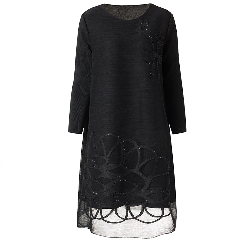 Nail-beaded Dress Loose Large-size Embroidered Long-sleeved Pleats Dress