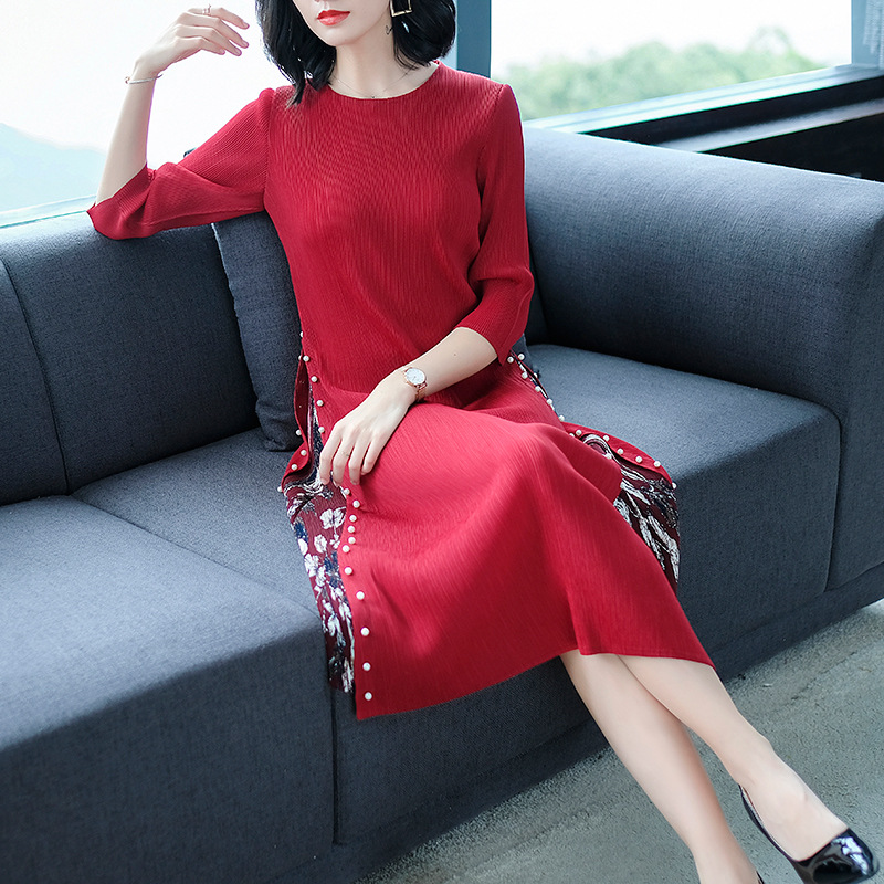 Women Pleated Fashion New Print Lady Elegant Loose Big Size High Quality Elastic Long Dress