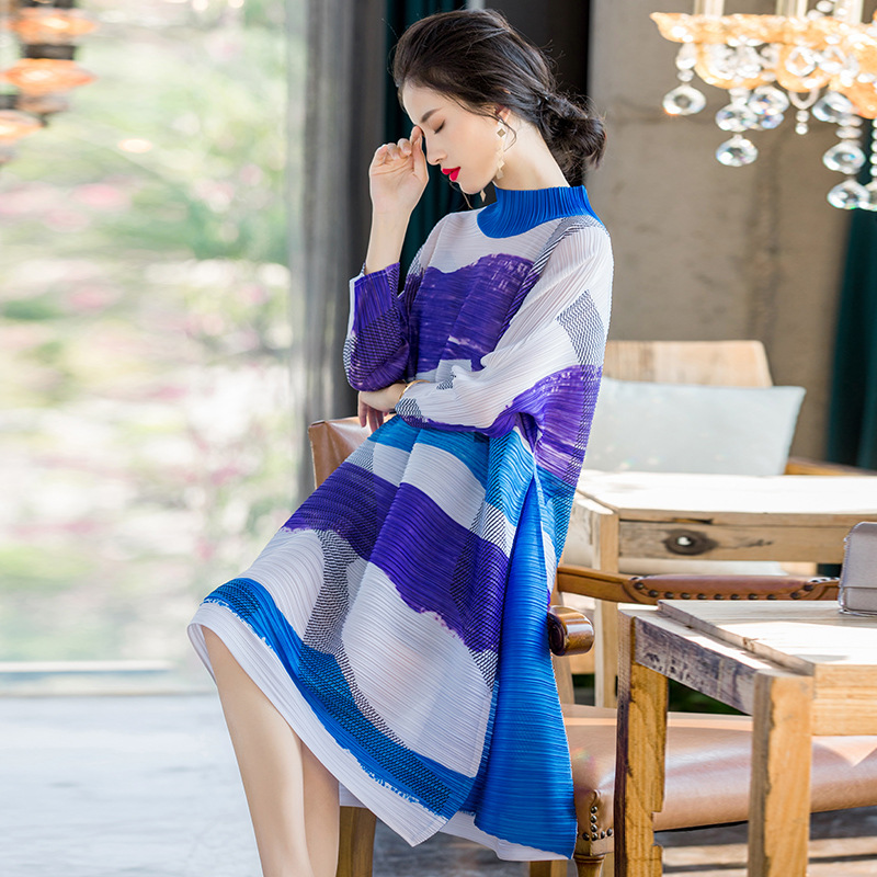 Spring New 2020 Women's A-line Dress Striped Print Loose Pleated Dress