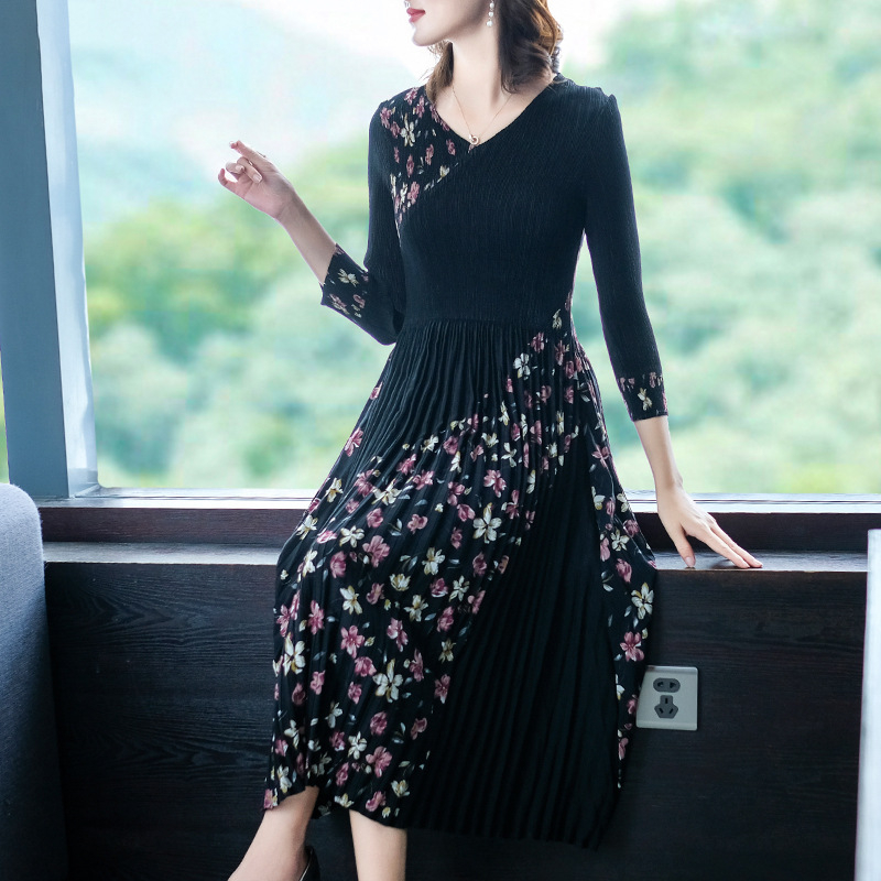 Pleated Fashion Printed Lady Dress New Large Pleated Dress Autumn 2019