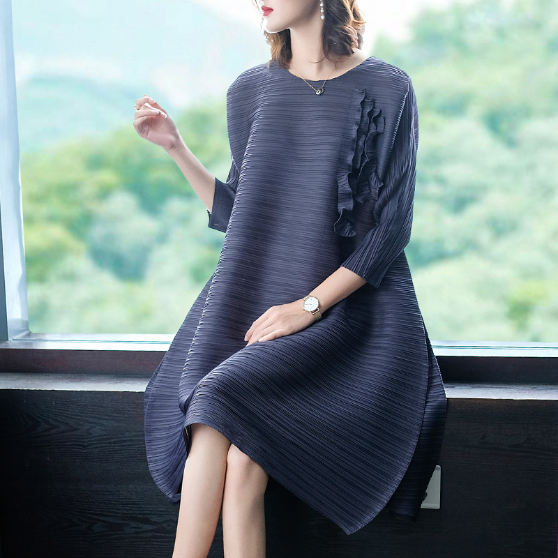 Pleated Oversized Dress Autumn 2019 New Patchwork 3 / 4 Sleeve Loose Elastic Dress