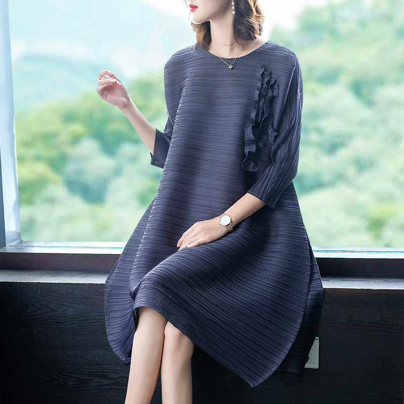 Pleated Oversized Dress Autumn 2019 New Patchwork 3 / 4 Sleeve Loose Elastic Dress