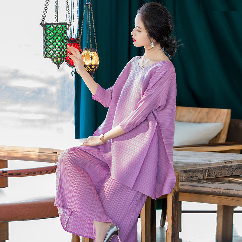 2020 Spring New Style Women Pleated Wide Leg Trousers Tops Two Piece Fashion Clothing Sets