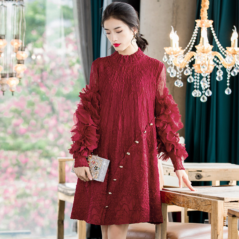 Large Beaded Dress 2020 Spring New Women's Loose Pleated Mesh Splicing Dress