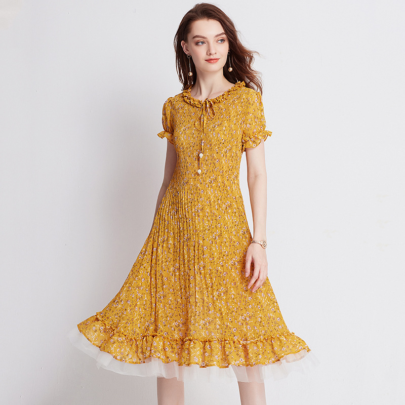 Hem Patchwork Dress Lace Collar Summer Chiffon Elegant Lady Pleated Dress