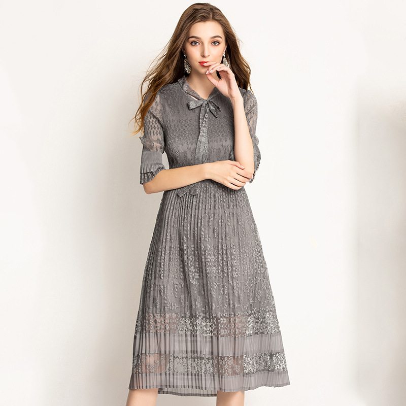 Spring Autumn Women Pleated Fashion New Tidal Lace Elegant Women Dresses