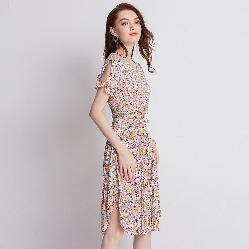 Women Fashion New Dresses Floral Print Dress Summer Chiffon Pleats Dresses