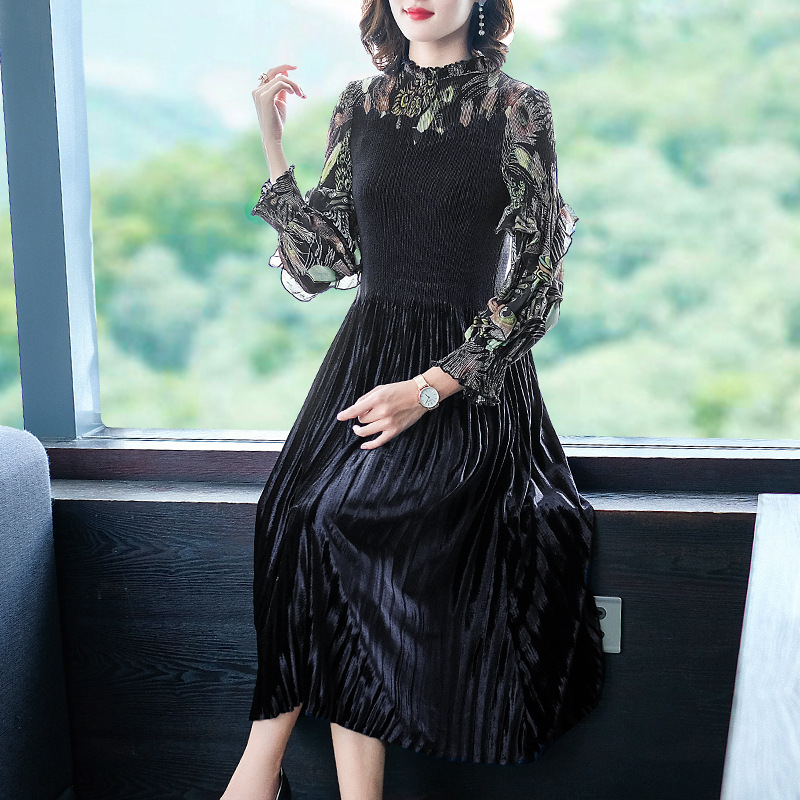Large Fashion Printed Velvet Dress Autumn 2019 Slim Pleated Dress