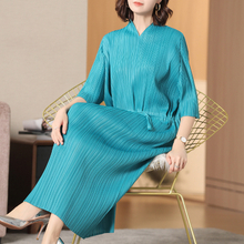 Pleated Dresses Summer New Style V-collar Short Sleeve Slim Long Loose Dress
